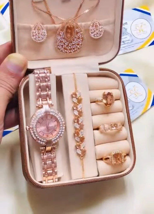 Rose Gold Crystal Jewelry & Watch Gift Set