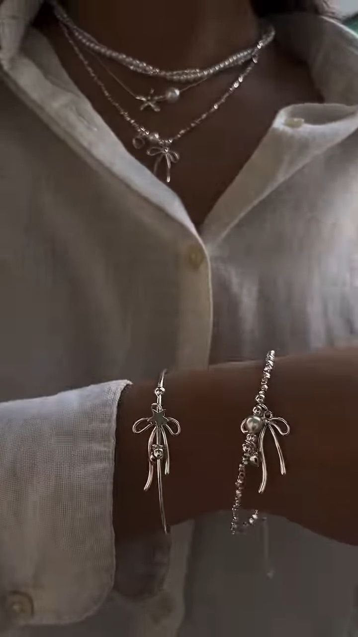 Layered Pearl & Bow Charm Necklace
