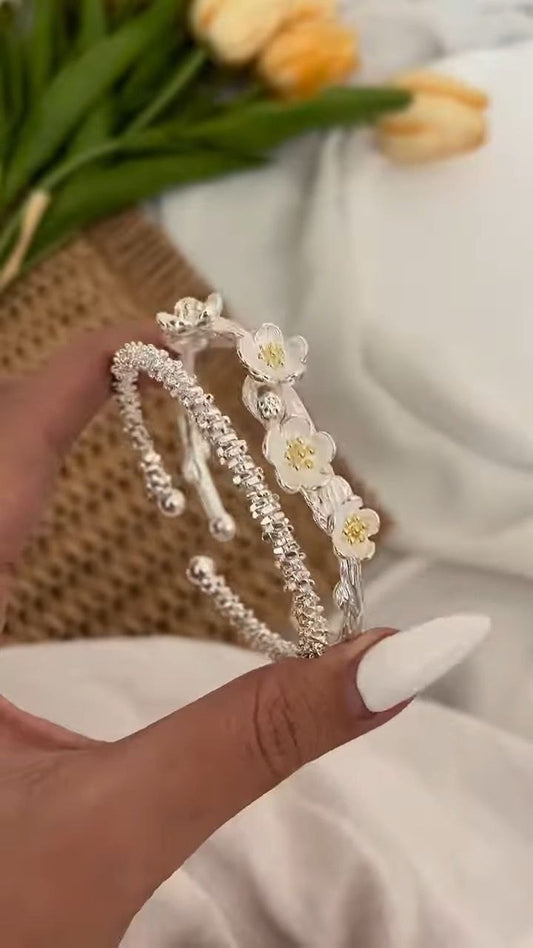 Floral Crystal Silver Open Cuff Bracelet
