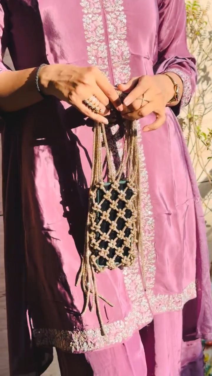 Gold Beaded Phone Sling Pouch with Knotted Net Design
