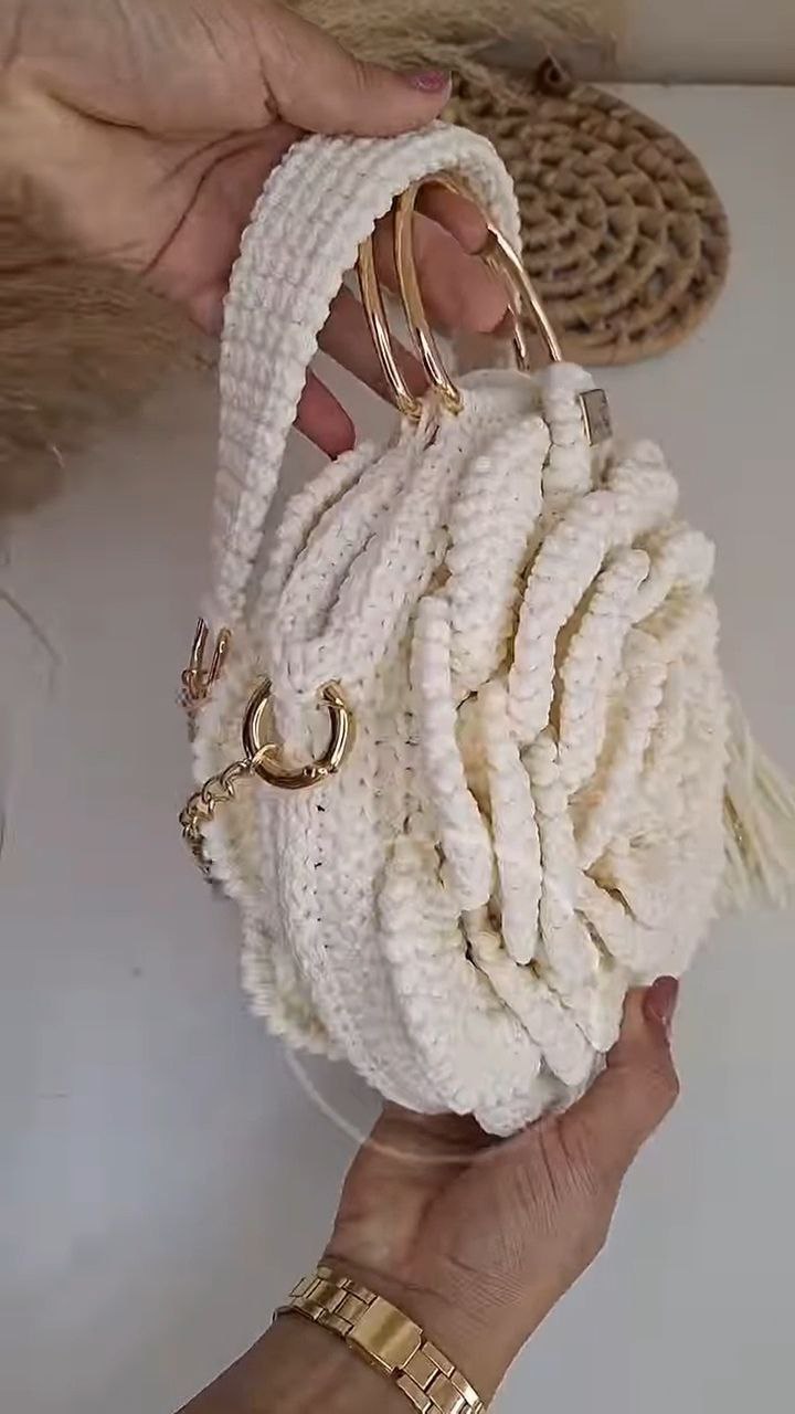 Handcrafted Crochet Rose Top-Handle Bag with Chain Strap