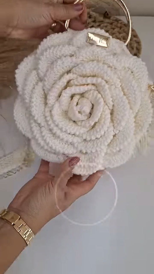 Handcrafted Crochet Rose Top-Handle Bag with Chain Strap