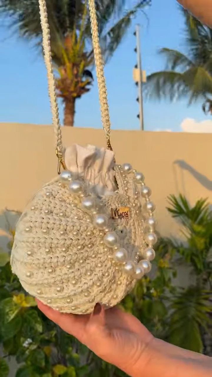 Handcrafted Crochet Pearl Bucket Bag with Drawstring