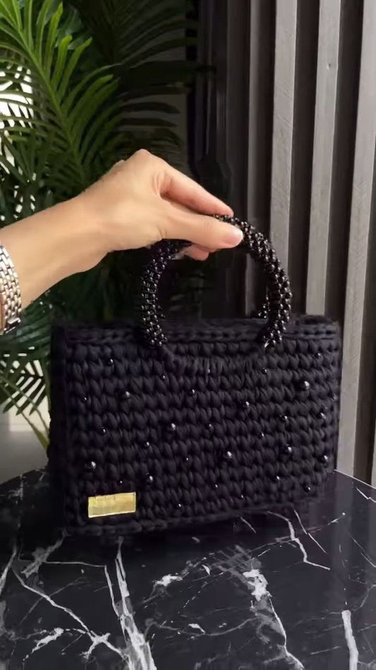 Handwoven Black Beaded Tote Bag with Top Handles