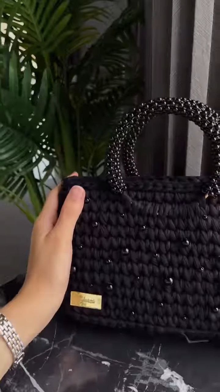 Handwoven Black Beaded Tote Bag with Top Handles
