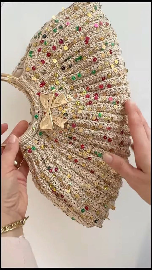 Handwoven Embellished Clutch with Gold Bow Accent