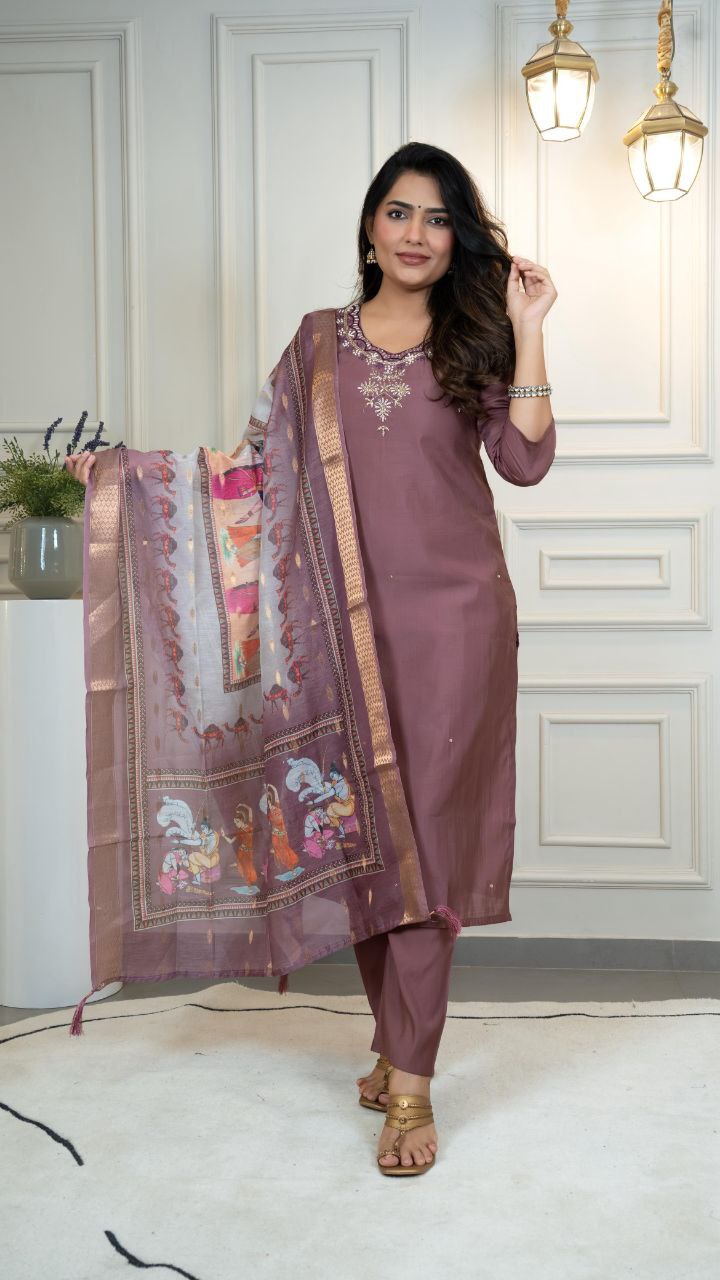 Elegant Mauve Straight Kurta Suit with Printed Dupatta