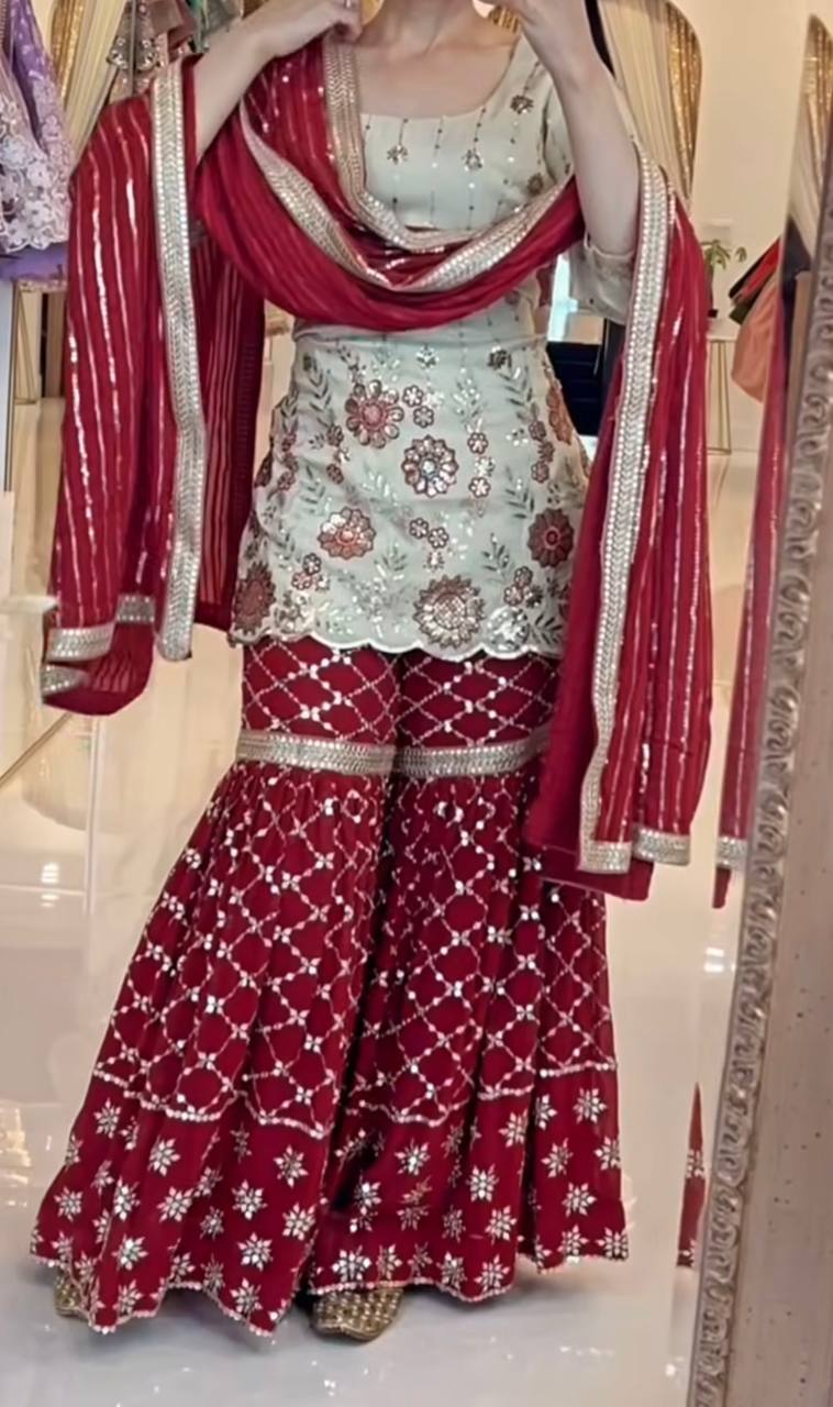 Designer Chinon Silk Embroidered Sharara Suit