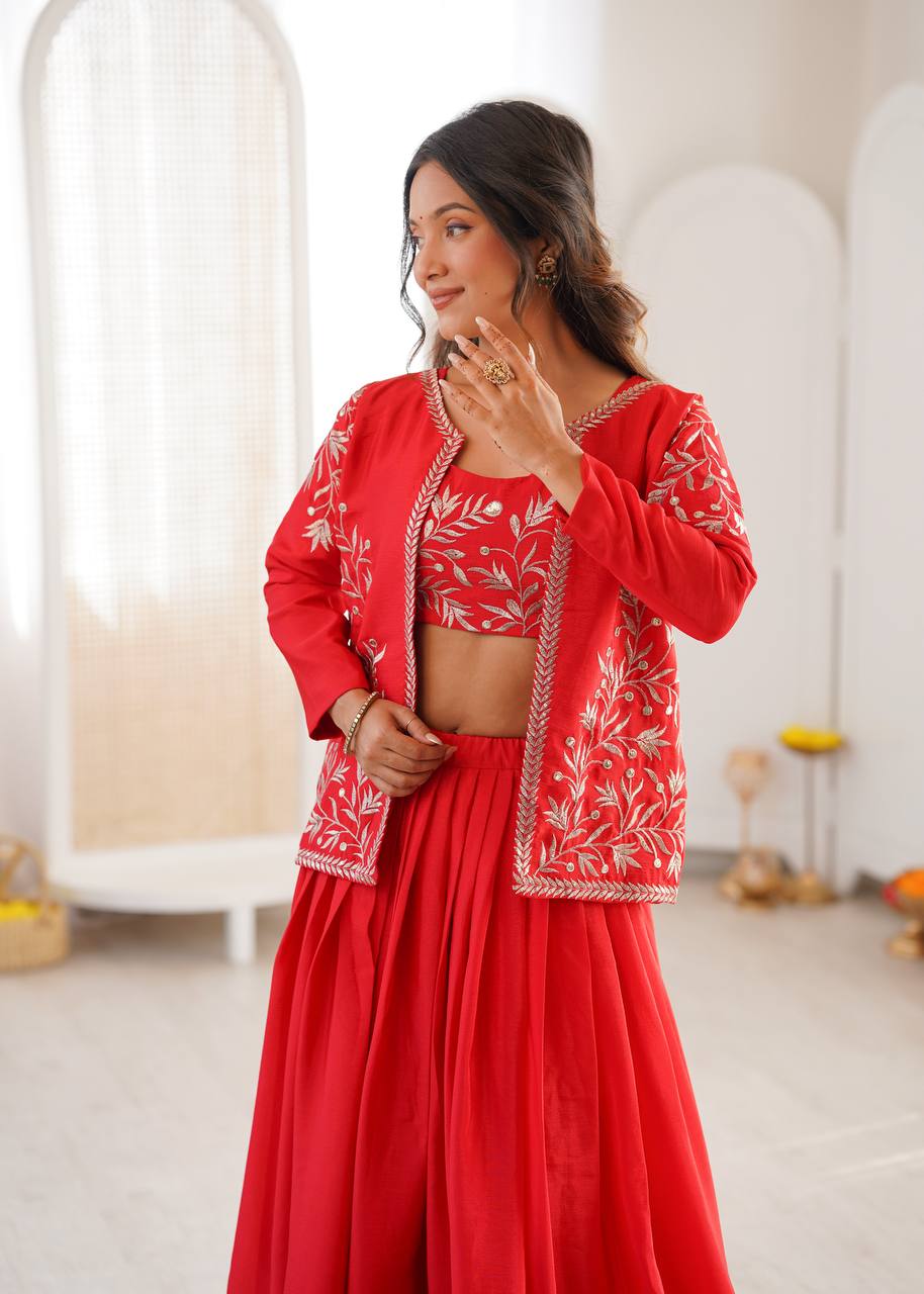 Red Embroidered Lehenga Set with Designer Jacket