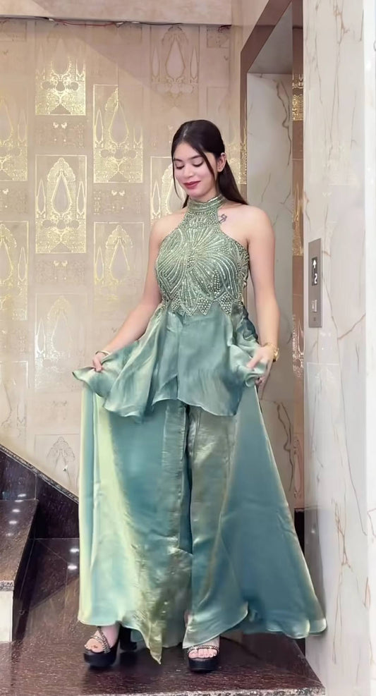Sage Green Embellished Halter Top with Flowy Satin Palazzo Set