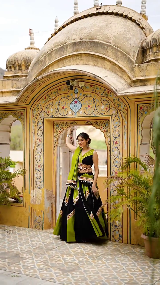 Black & Olive Green Gujarati Mirror Work Lehenga Choli with Tassel Detailing