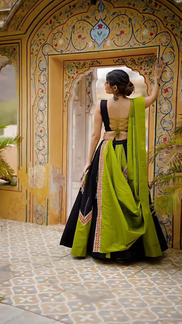 Black & Olive Green Gujarati Mirror Work Lehenga Choli with Tassel Detailing