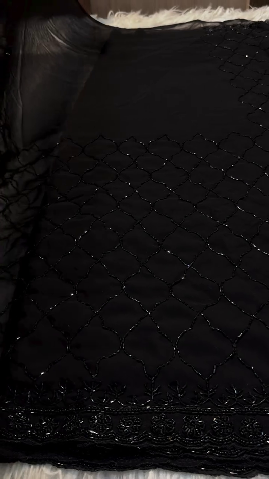 Black Hand Embroidered Beaded Net Fabric – Luxury Designer Dupatta/Lehenga Material