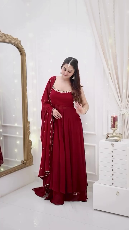 Maroon Mirror Work Flared Anarkali Gown Set with Dupatta