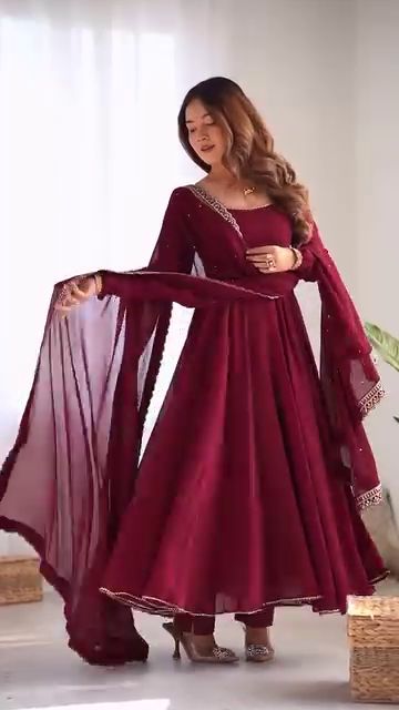 Maroon Heavy Georgette Anarkali Suit Set with Mirror Border Dupatta