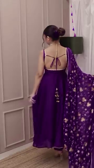 Purple Velvet Anarkali Gown Set with Floral Embroidered Dupatta
