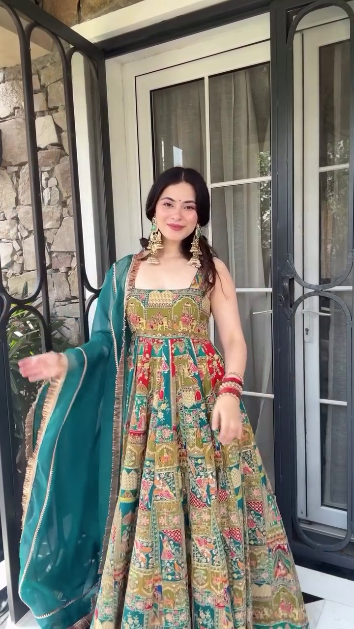 Multicolor Rajasthani Digital Printed Anarkali Gown Set with Teal Dupatta