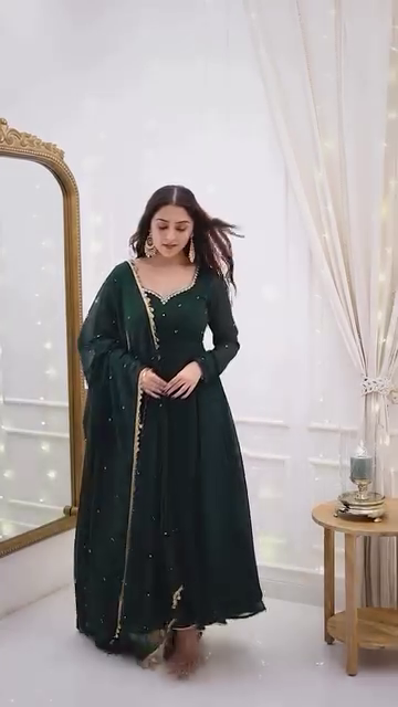 Bottle Green Anarkali Gown with Golden Border Detailing