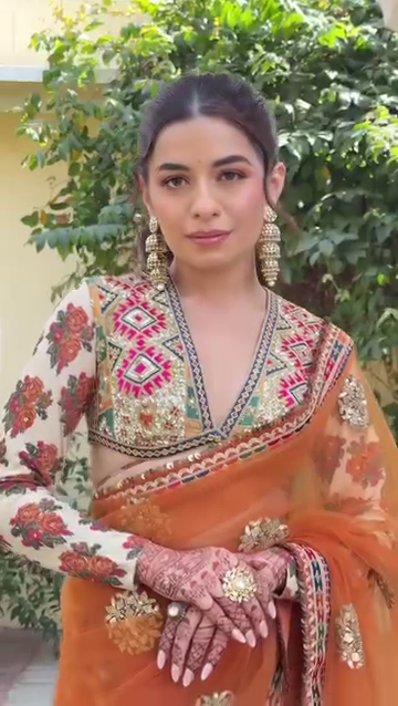 Orange Embroidered Net Saree with Sequin Blouse