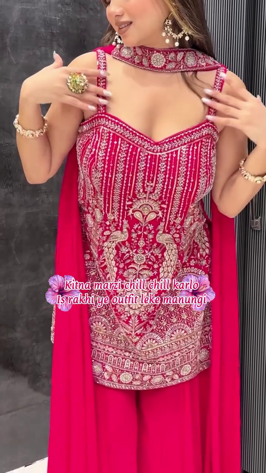 Hot Pink Heavy Embroidered Sharara Suit with Net Dupatta