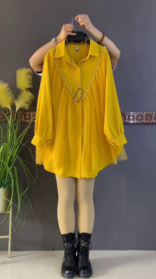 Mustard Yellow Pearl Studded Flared Shirt Top