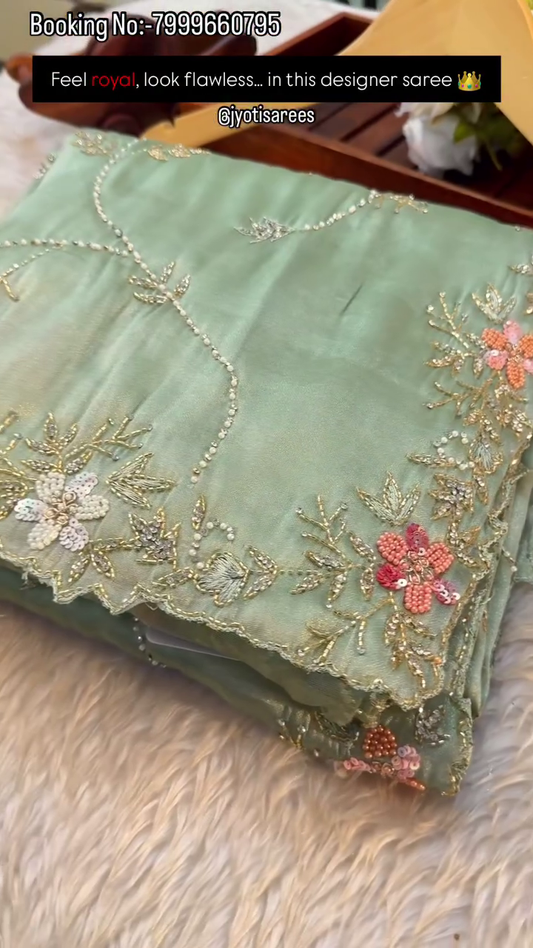 Ivory Pearl Floral Embroidered Designer Saree