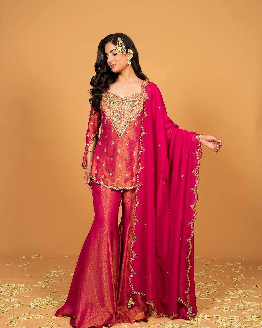 Coral Pink Embroidered Sharara Suit