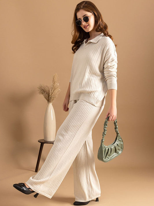 Cream Ribbed Knit Sweater and Wide-Leg Trousers Co-ord Set