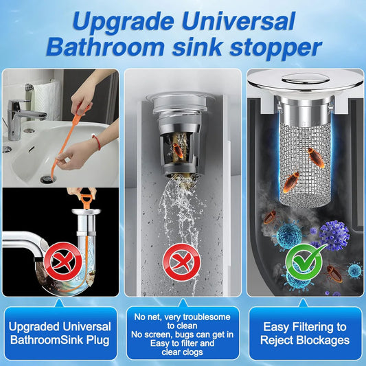Upgraded Universal Bathroom Sink Stopper with Built-in Filter
