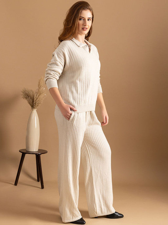 Cream Ribbed Knit Sweater and Wide-Leg Trousers Co-ord Set