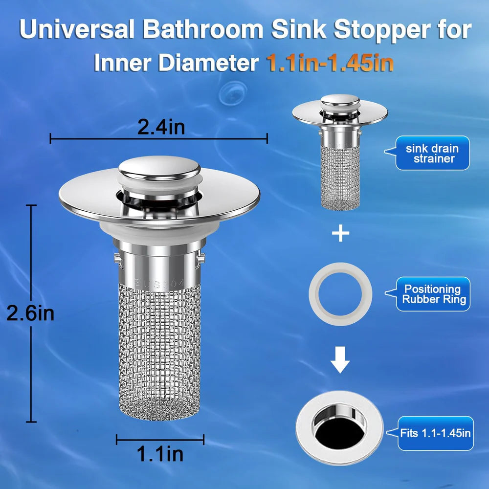 Upgraded Universal Bathroom Sink Stopper with Built-in Filter