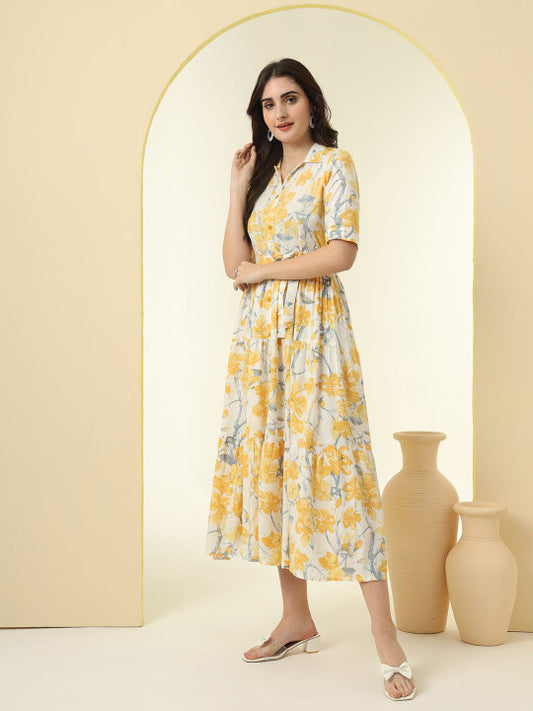 Yellow Floral Print Tiered Fit and Flare Midi Dress