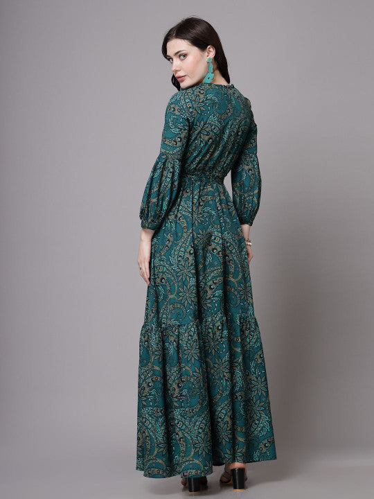 Floral Printed Mandarin Collar Cuffed Sleeves Tiered Maxi Dress