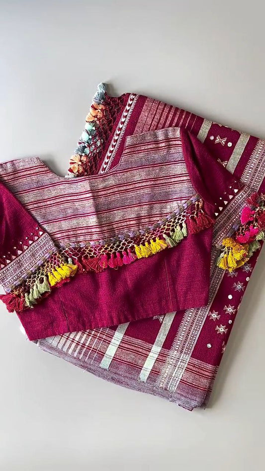 Bhujodi kala cotton saree with ready blouse with kutch embroidery