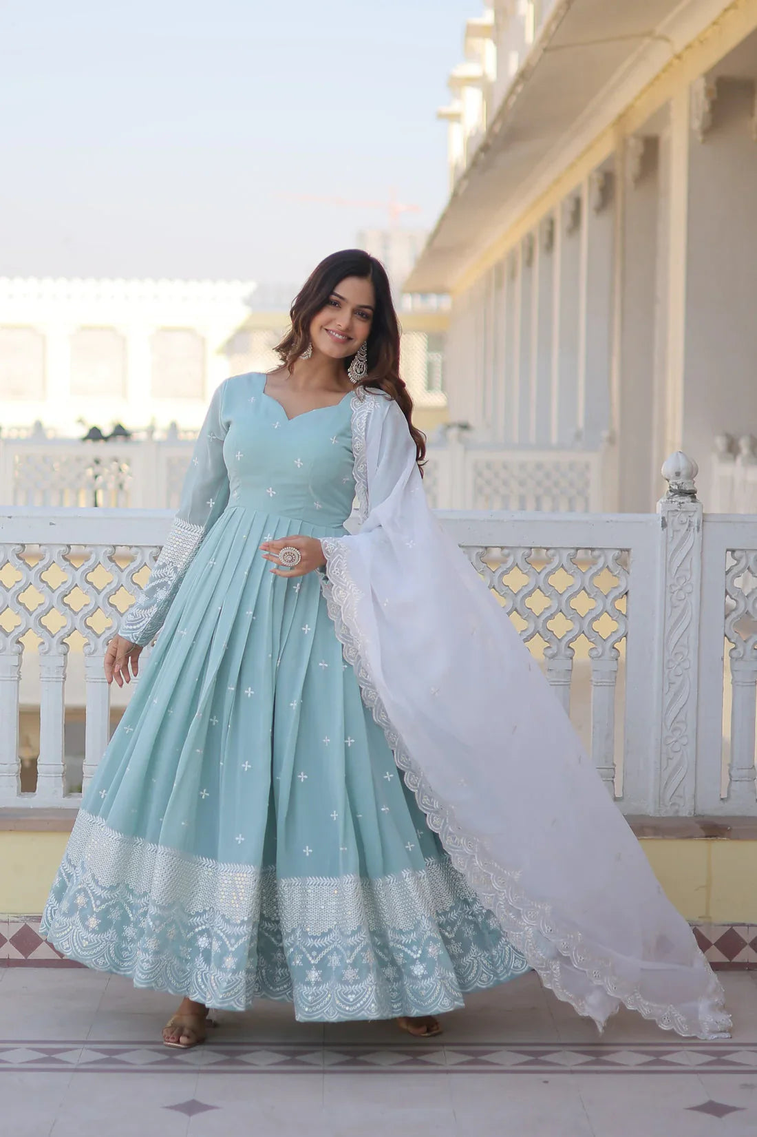 Party Wear Beautiful Sky Blue Color Embroidery Work Gown With Dupatta