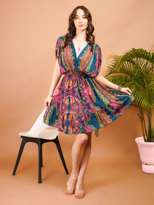 Radiant Glow Paisley Print Boho Mini Dress