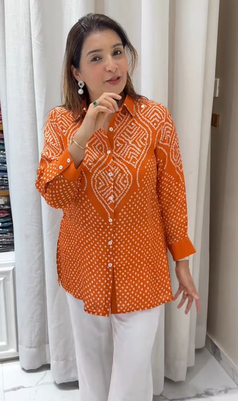Bandhani Printed Sequin Embroidered Button-Down Shirt