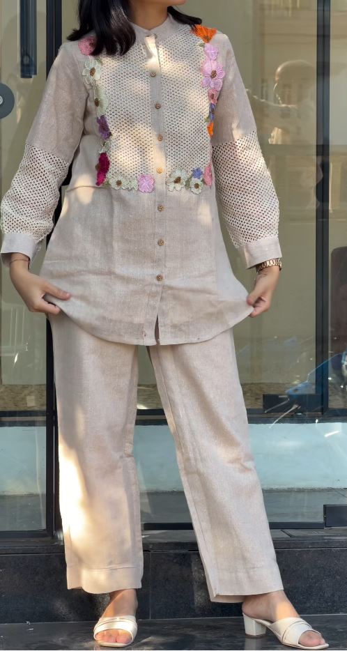 Floral Applique Jute Linen 3-Piece Co-ord Set