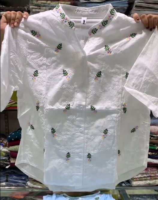 Women’s Textured Pure Cotton Shirt with Floral Embroidery