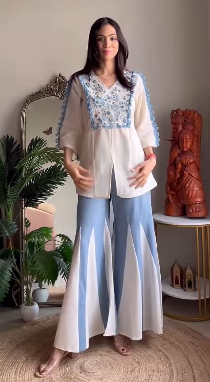 Pure Cotton V-Neck Tunic and Panelled Palazzo Co-ord Set
