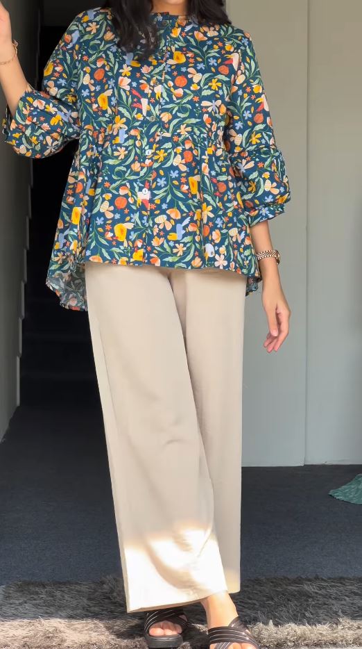 Floral Print Peplum Tunic and Wide-Leg Trouser Set