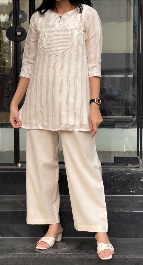 Subtle Elegance Ivory Striped Tunic and Straight-Leg Trousers Co-ord Set