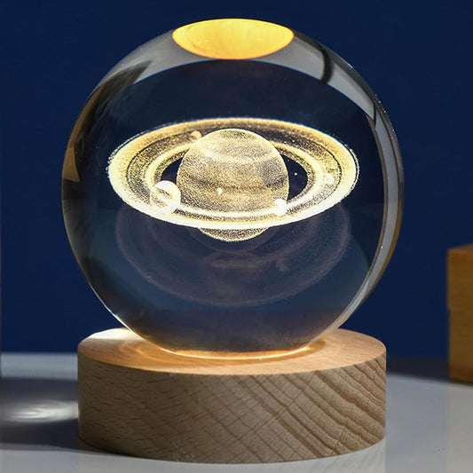 3D Saturn Crystal Ball LED Night Lamp with Wooden Base