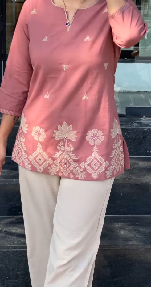 Women’s Floral Embroidered Pure Cotton Tunic and Trouser Set