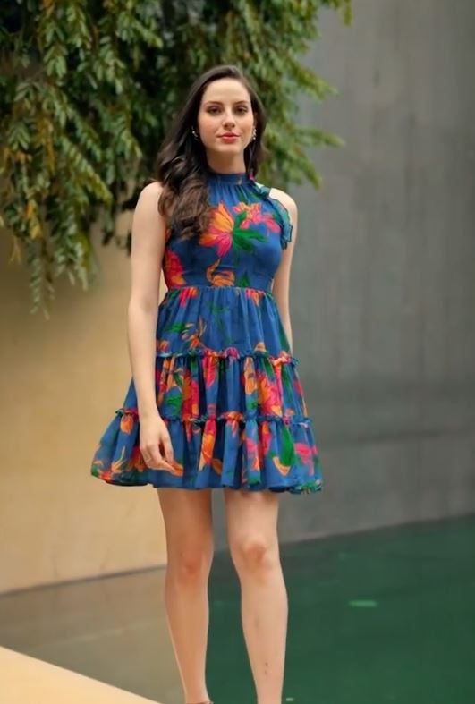 Blue Floral Printed Tiered Fit and Flare Mini Dress