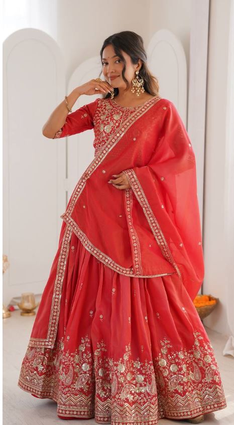 Red Embroidered Bridal Lehenga with Designer Dupatta