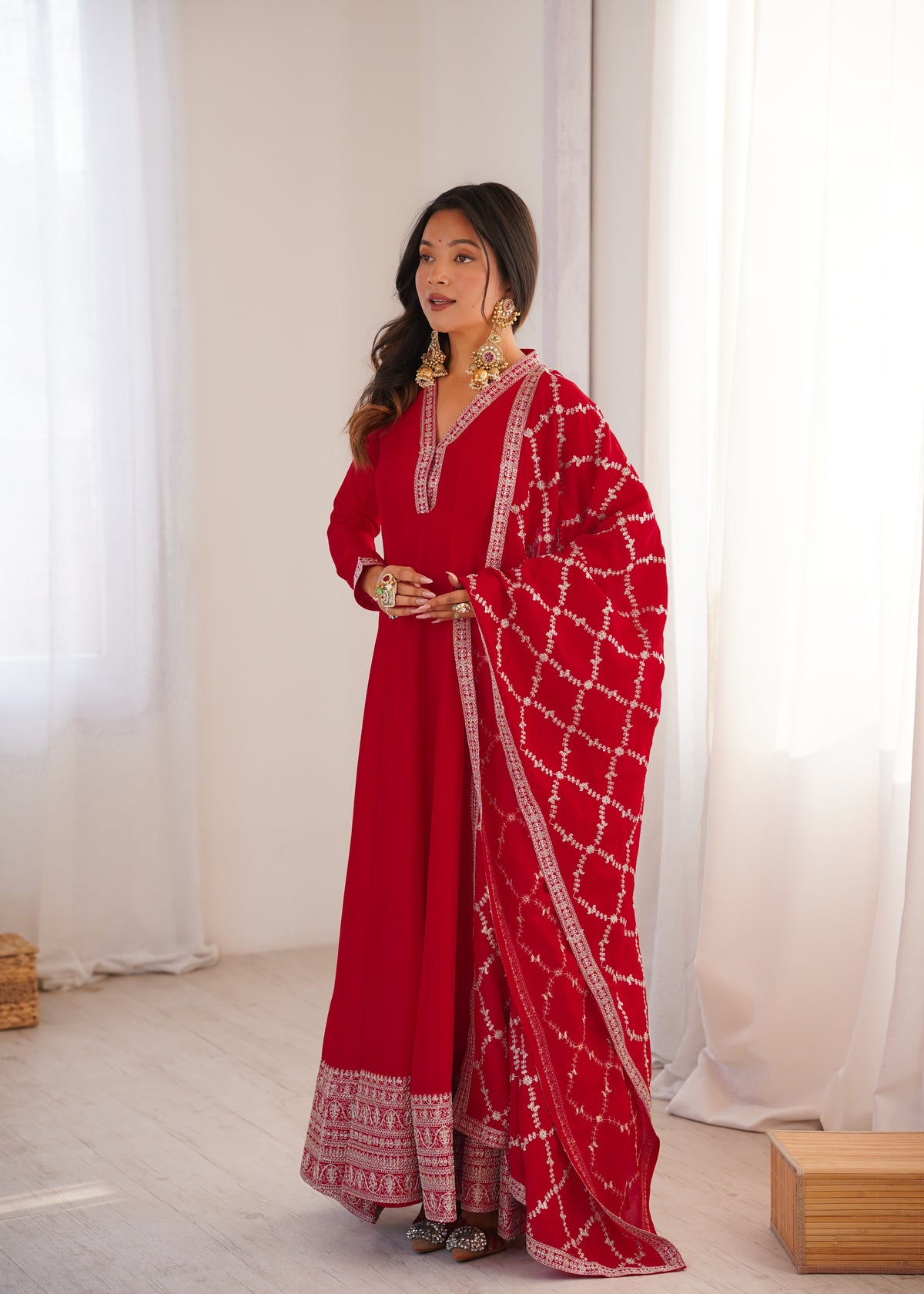 Red Anarkali Suit with Embroidered Border and Printed Dupatta