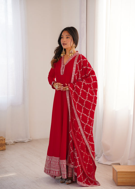 Red Anarkali Suit with Embroidered Border and Printed Dupatta