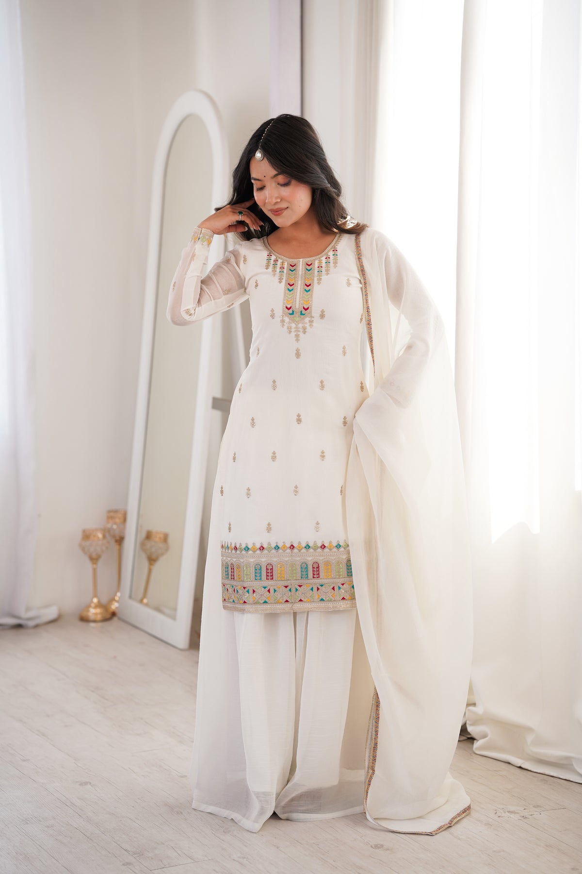 Pure White Crunchy Silk Heavily Embroidered Sharara Suit Set