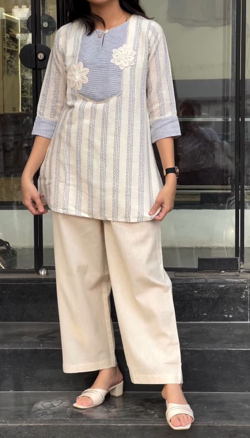 Subtle Elegance Ivory Striped Tunic and Straight-Leg Trousers Co-ord Set